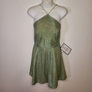 NWT B DARLIN Green Glitter Lined Skater Sleeveless Halter size 15/16 Junior